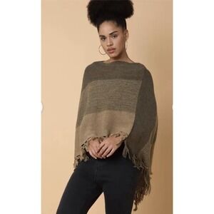 Knit Poncho Shawl SWEATER with Fringe Tassels Olive Green Beige Cover Up BOHO